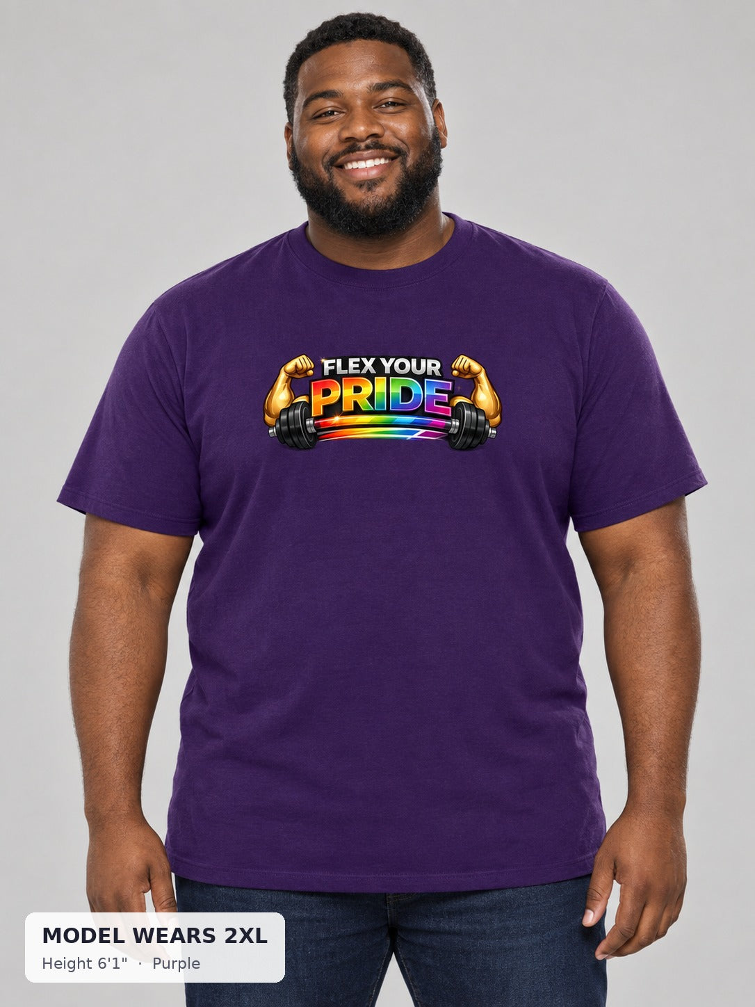 Flex Your Pride Workout Tee in Purple on a plus-size model wearing size 2XL, 6'1" - Good Trouble Fashion