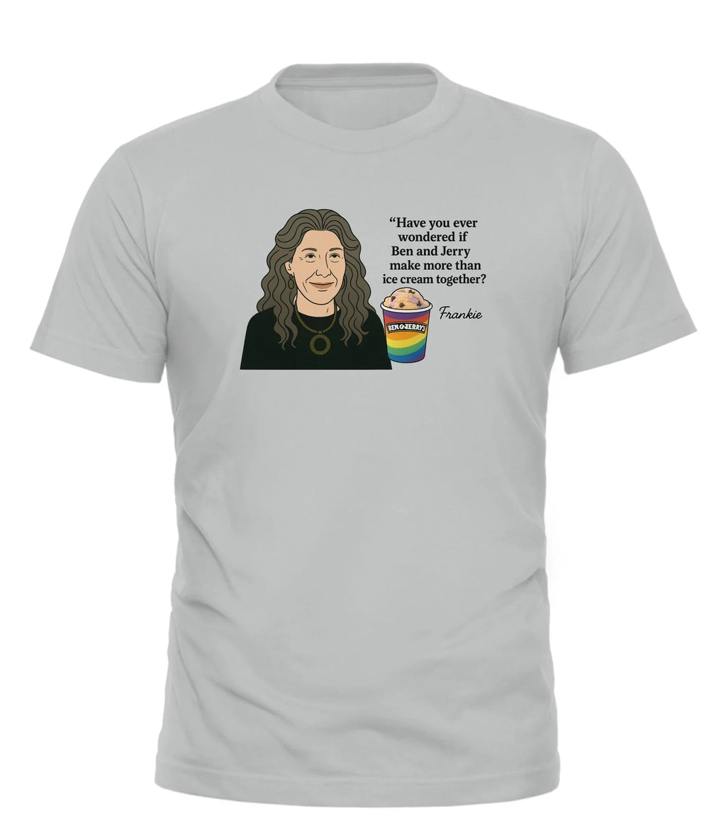 Frankie’s Ben and Jerry’s shirt featuring a whimsical graphic and humorous text