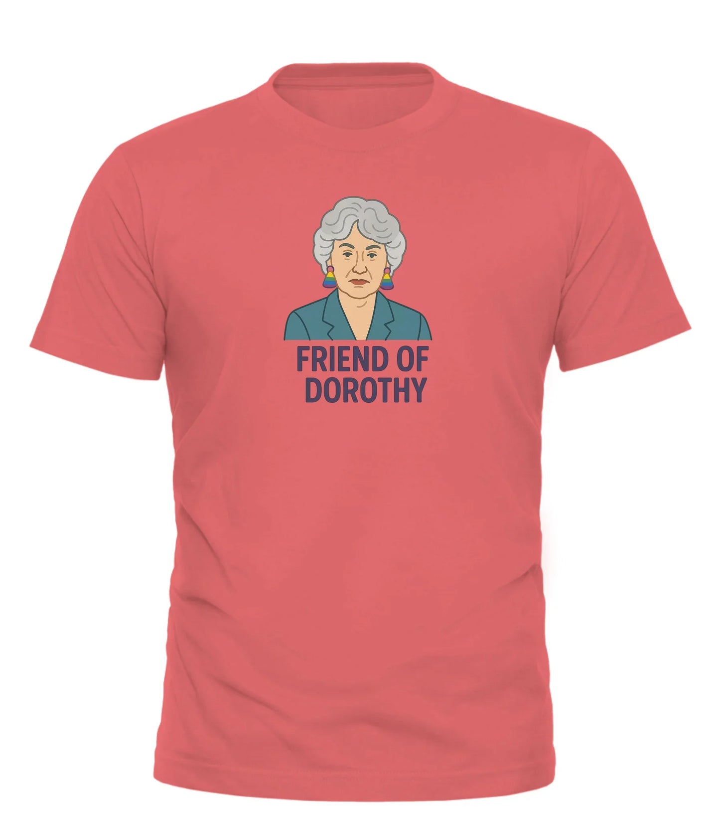 Coral Friend of Dorothy t-shirt by Good Trouble Garments featuring illustrated woman with gray hair