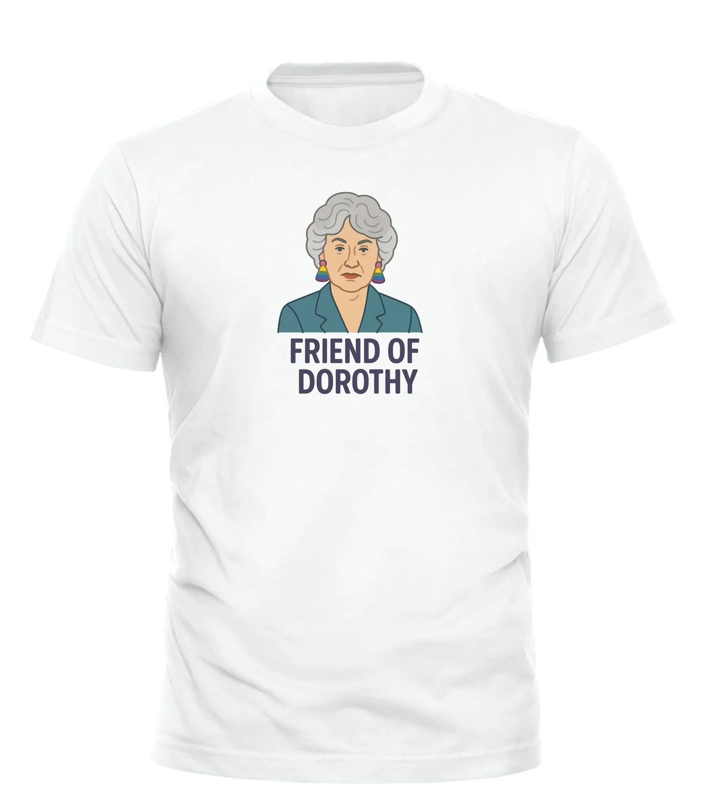 White Good Trouble Garments Friend of Dorothy t-shirt featuring a graphic of an older woman with gray hair