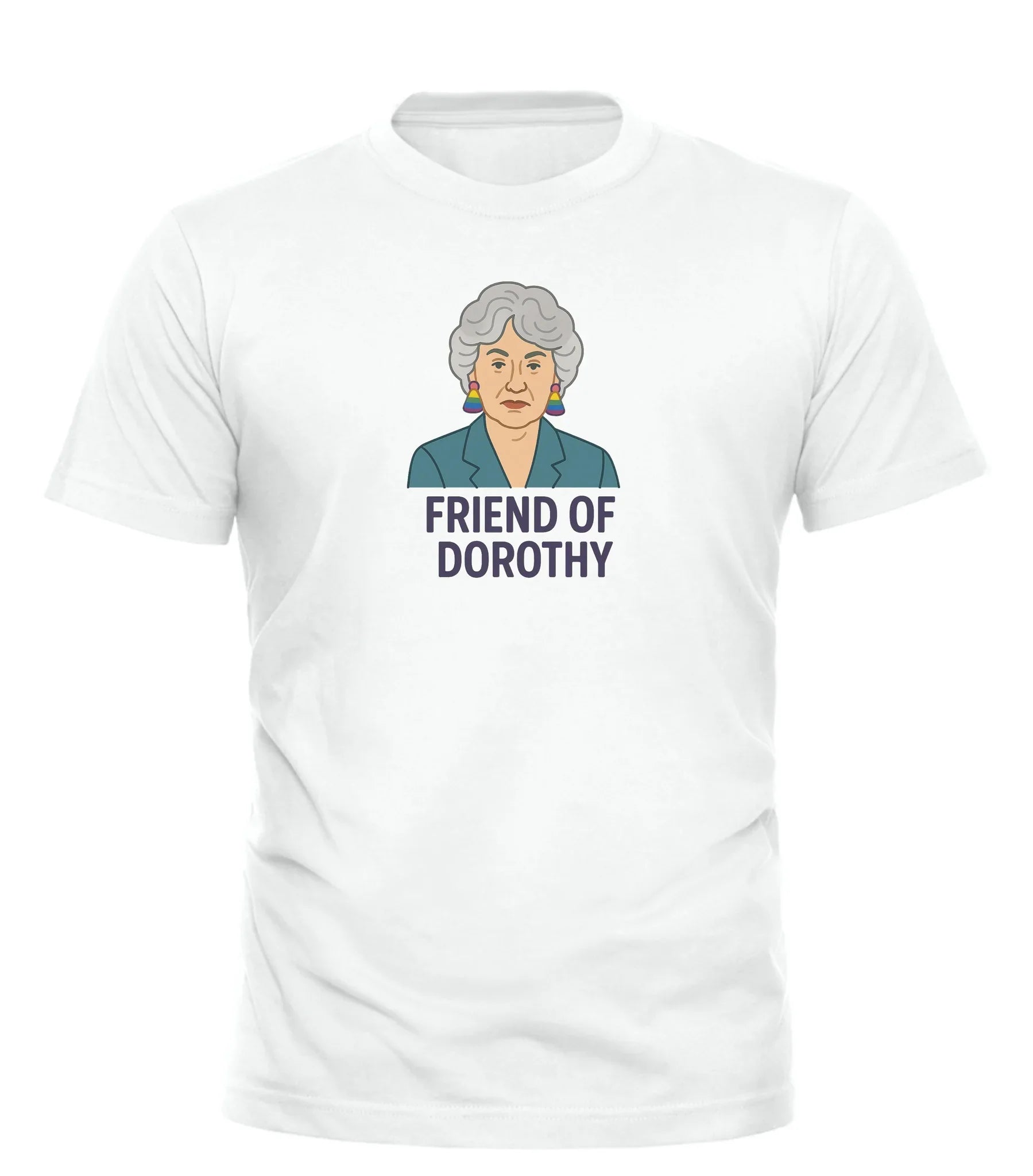 White Good Trouble Garments Friend of Dorothy t-shirt featuring a graphic of an older woman with gray hair