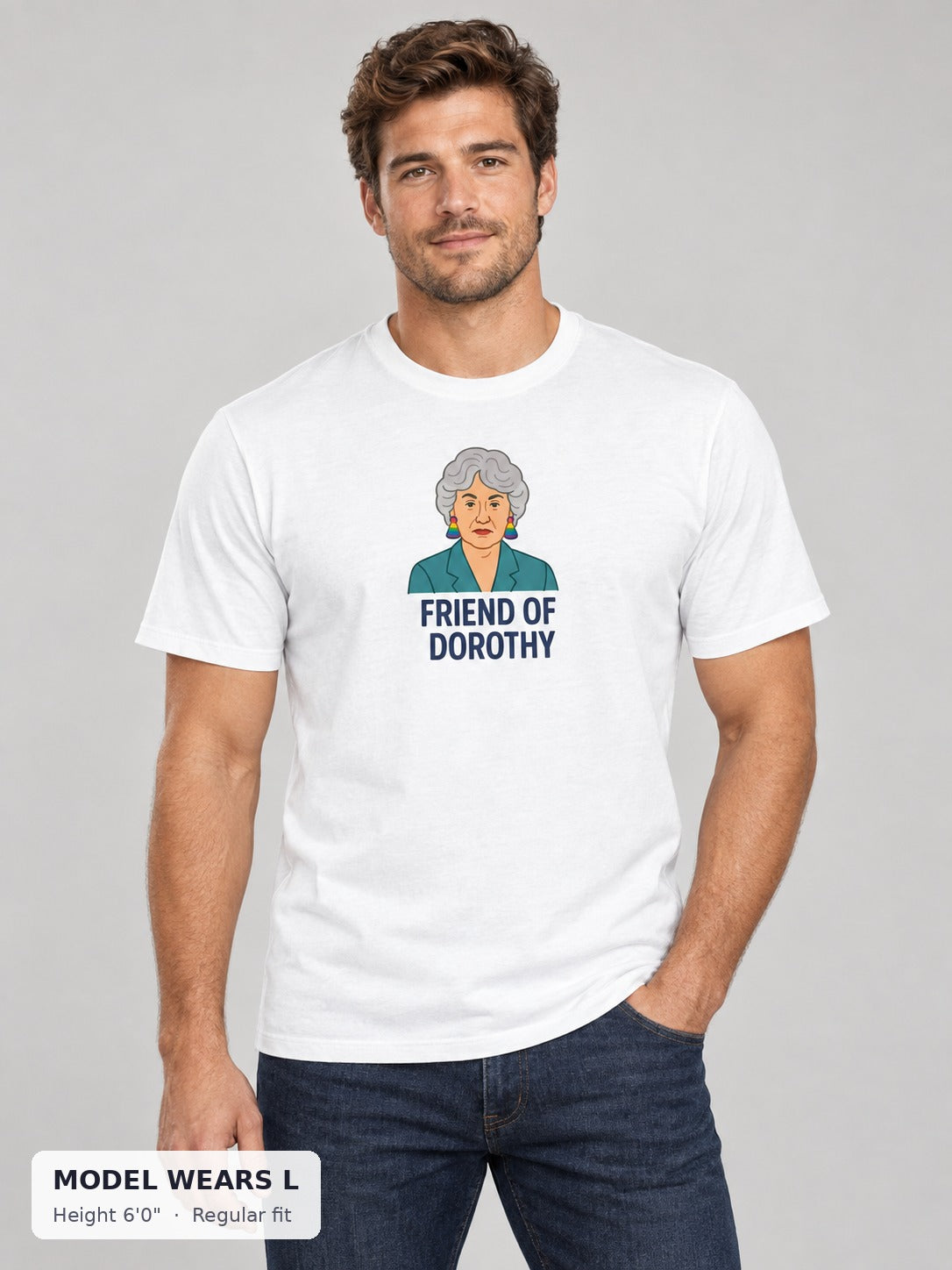 Friend of Dorothy Pride Tee in white on an athletic model wearing size L, 6'0" - Good Trouble Fashion