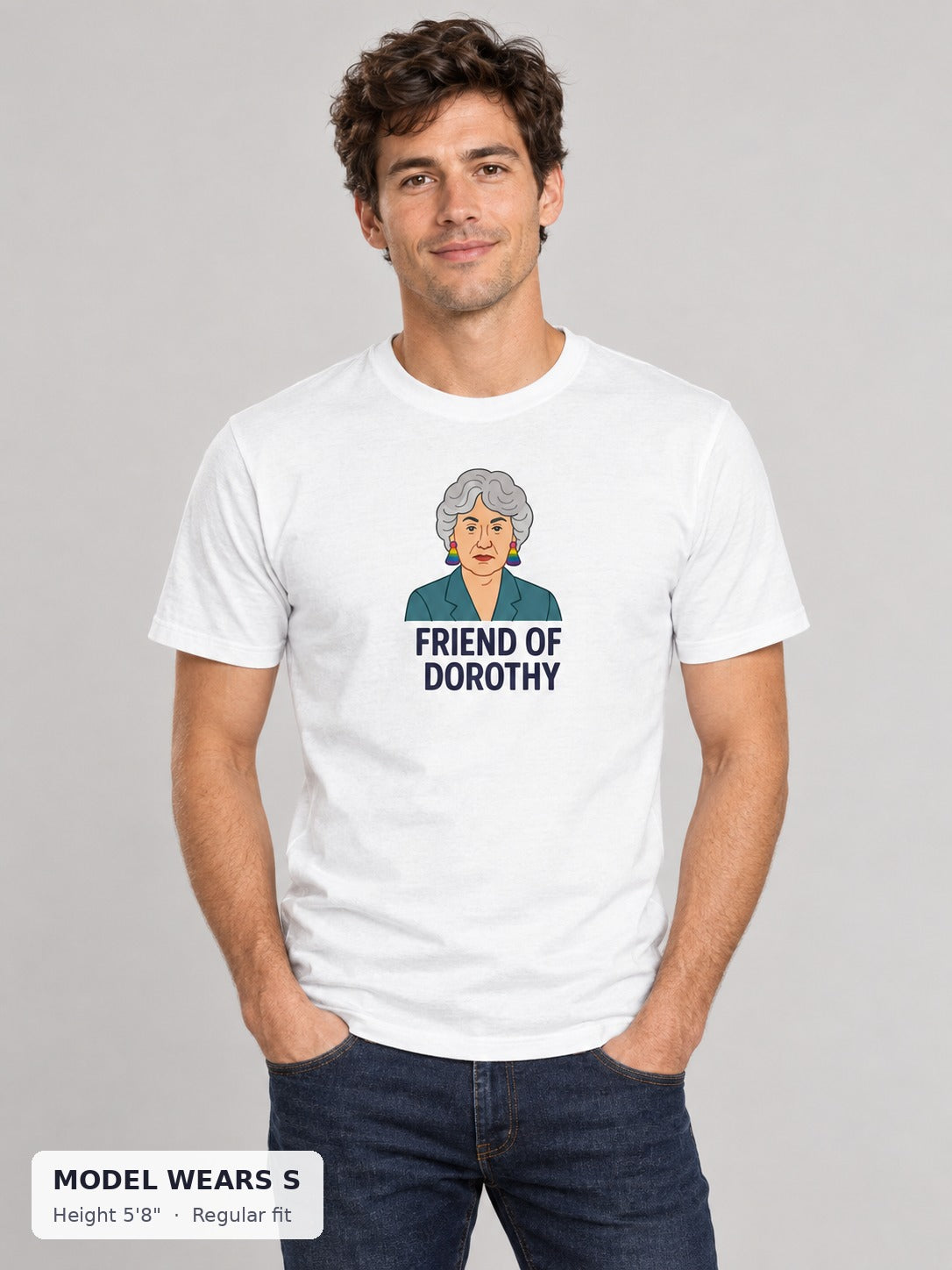 Friend of Dorothy Pride Tee in white on a slim model wearing size S, 5'8" - Good Trouble Fashion