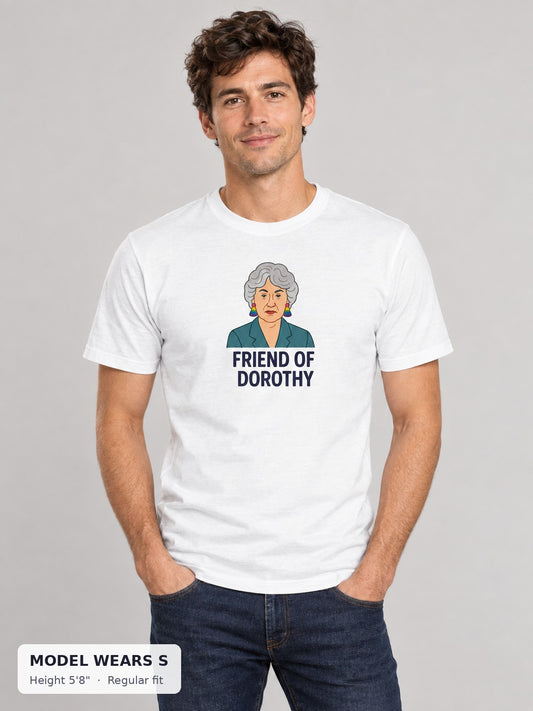 Friend of Dorothy Pride Tee in white on a slim model wearing size S, 5'8" - Good Trouble Fashion