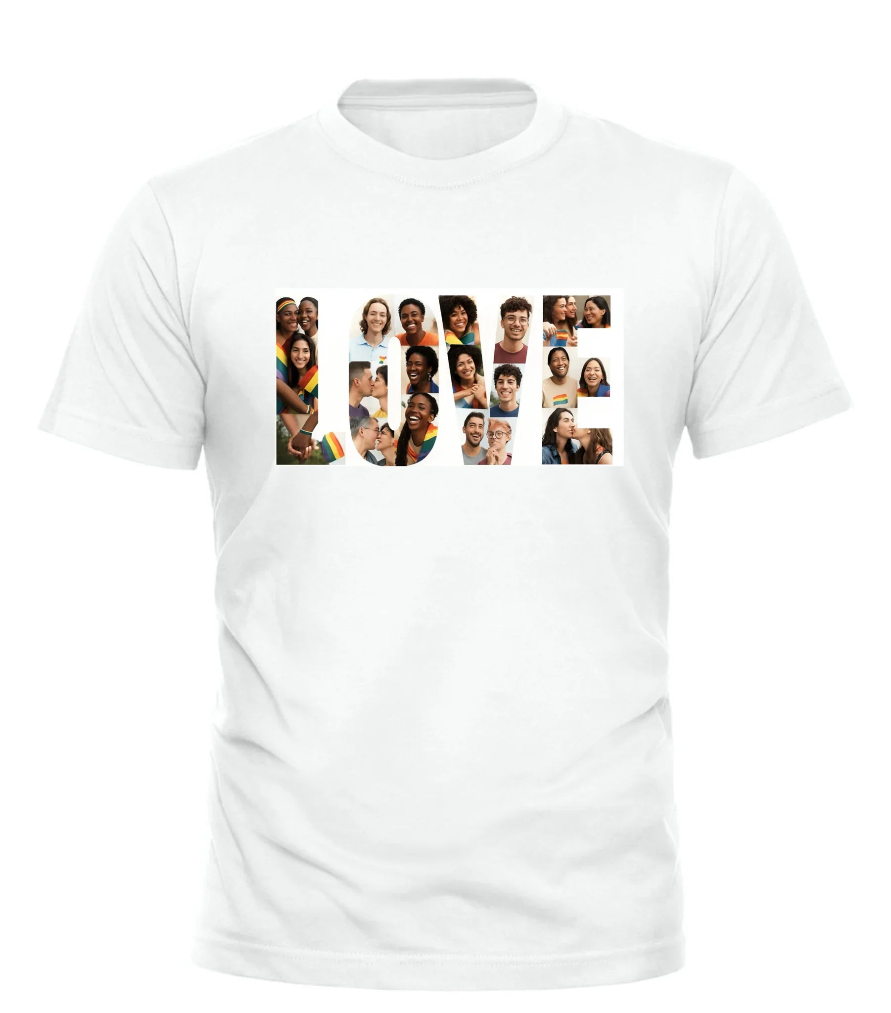From love with pride shirt featuring diverse faces celebrating love and community in a vibrant design