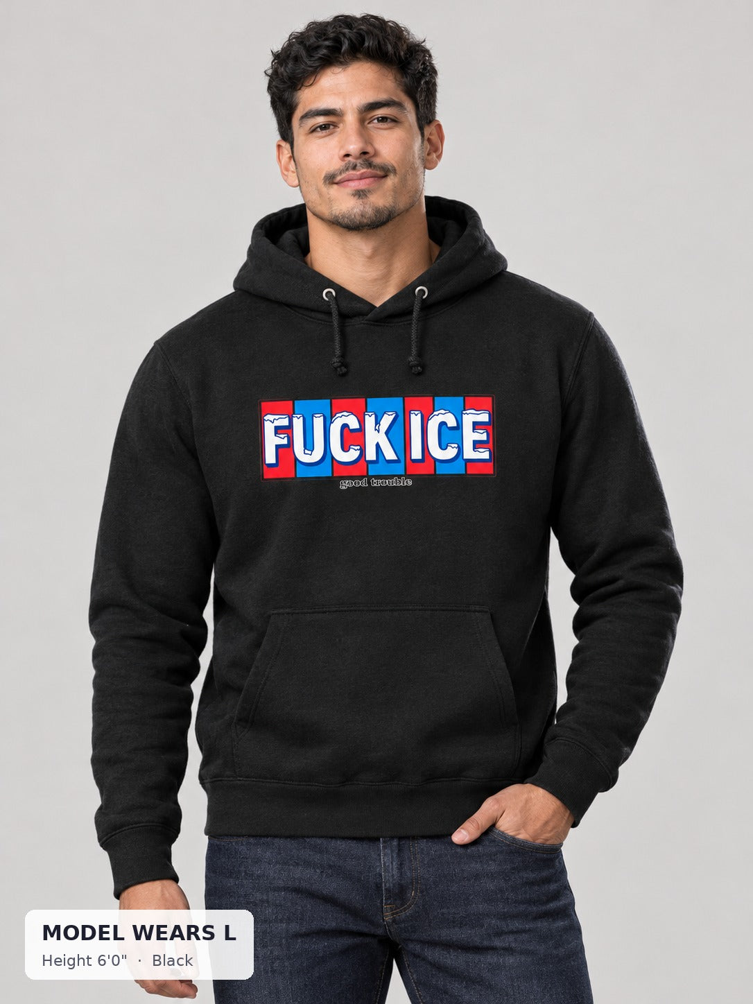 Fuck ICE Hoodie in Black on an athletic model wearing size L, 6'0" - Good Trouble Fashion