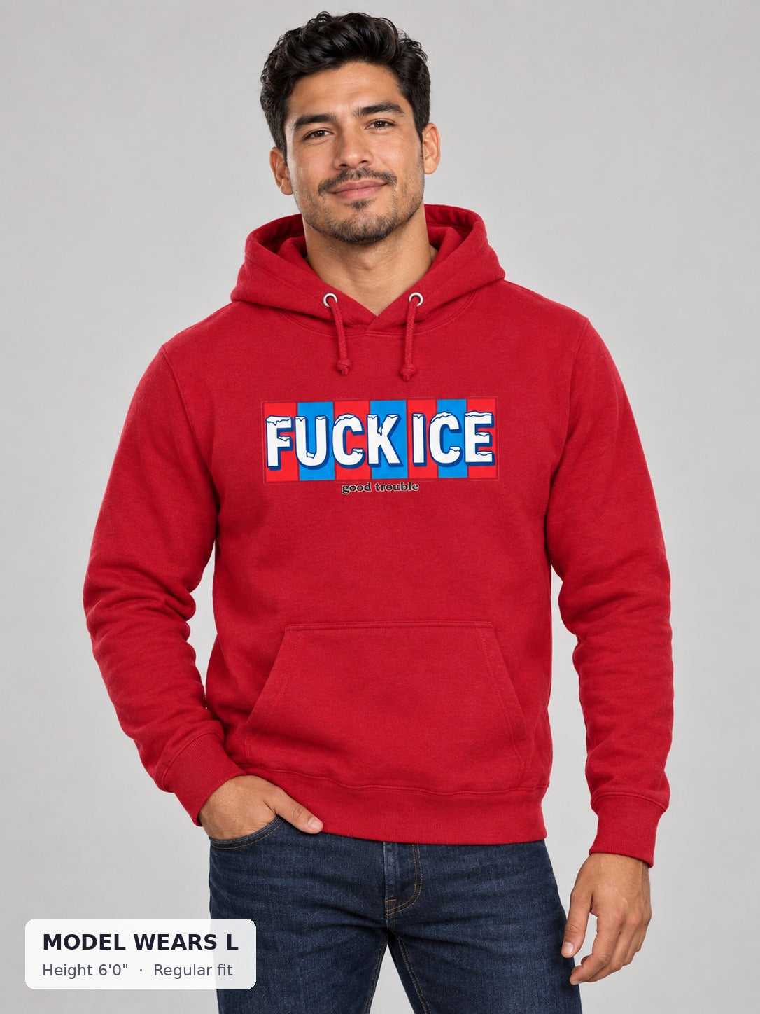Fuck ICE Hoodie on an athletic model wearing size L, 6'0" - Good Trouble Fashion