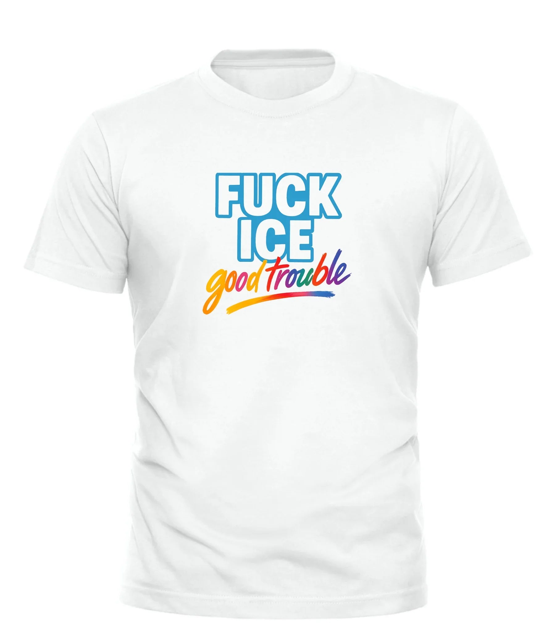 White Good Trouble Garments F*CK ICE shirt for sale with blue and multicolor text design