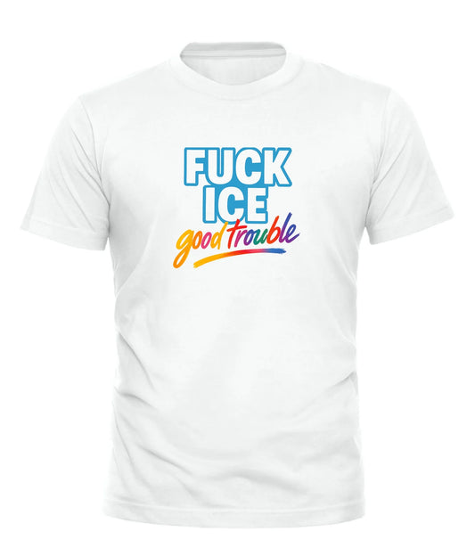 White Good Trouble Garments F*CK ICE shirt for sale with blue and multicolor text design