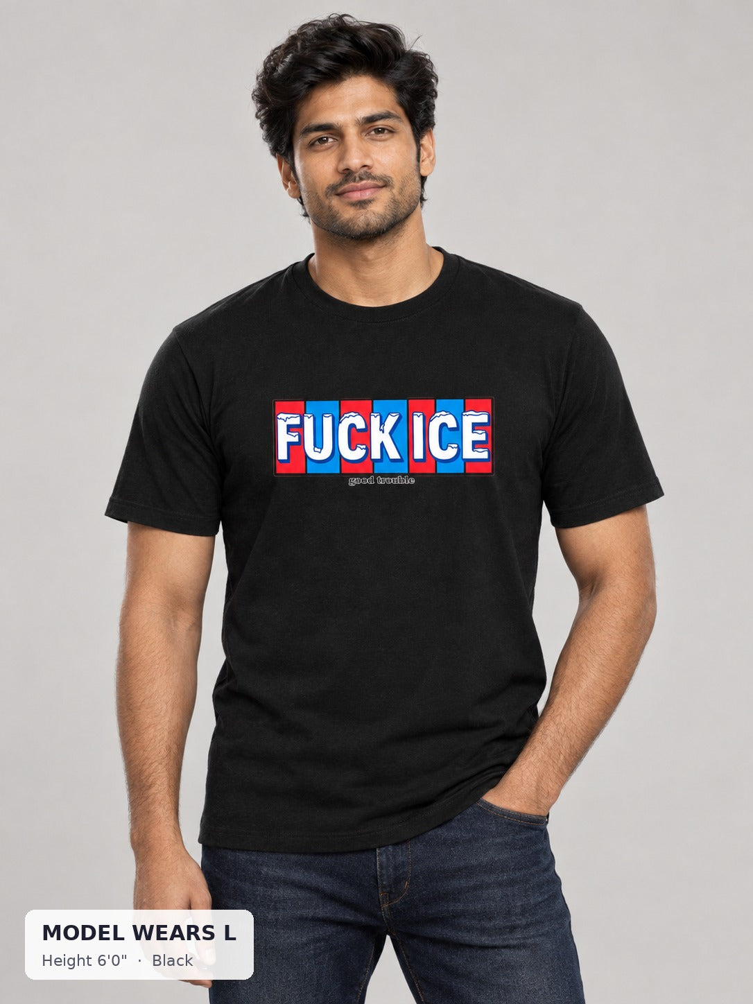 Fuck ICE Tee in Black on an athletic model wearing size L, 6'0" - Good Trouble Fashion