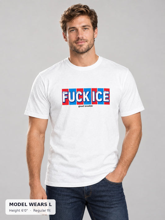 Fuck ICE Tee on an athletic model wearing size L, 6'0" - Good Trouble Fashion