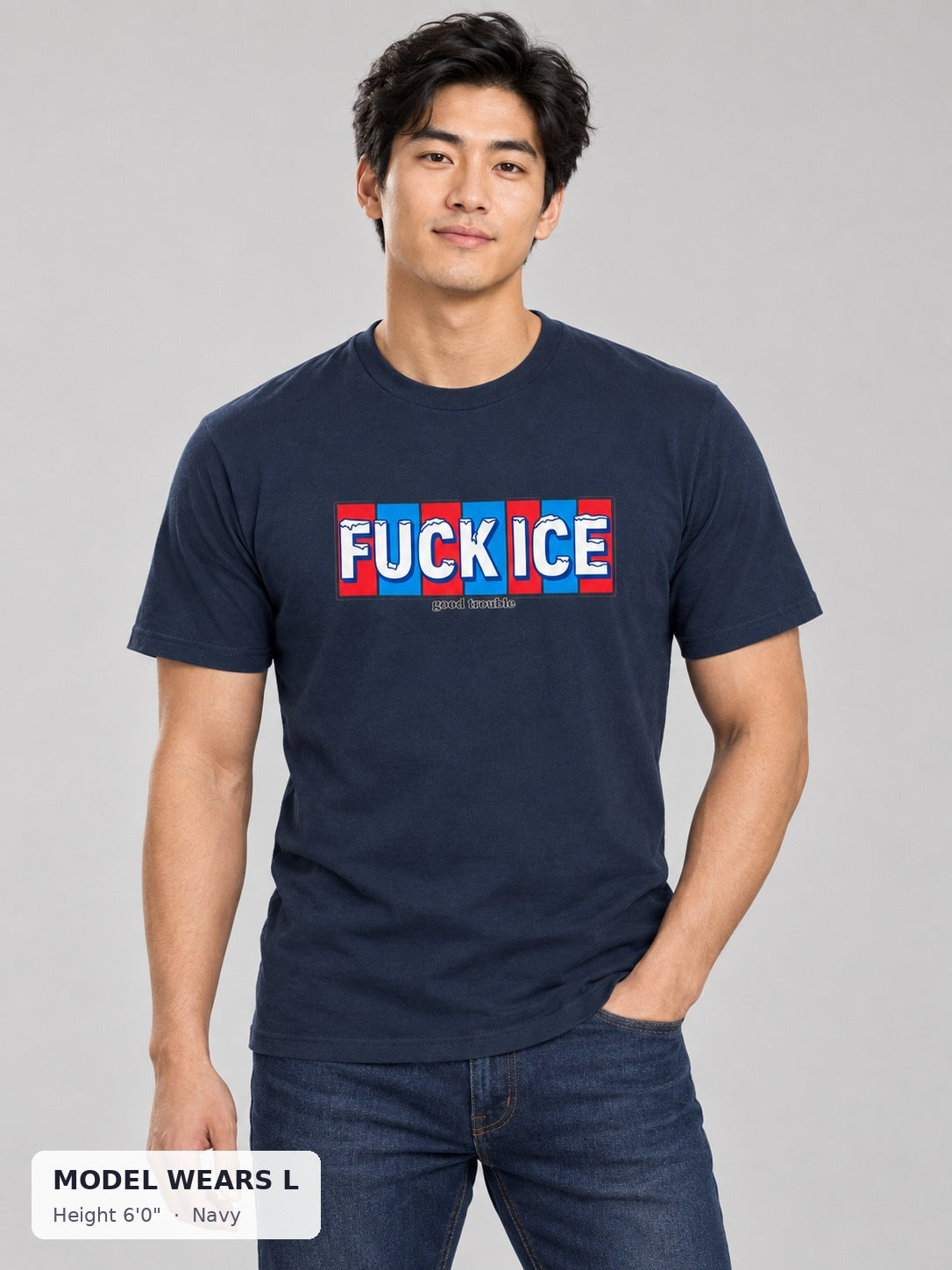 Fuck ICE Tee in Navy on an athletic model wearing size L, 6'0" - Good Trouble Fashion