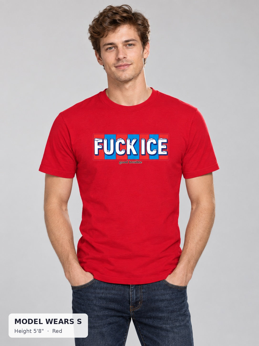 Fuck ICE Tee in Red on a slim model wearing size S, 5'8" - Good Trouble Fashion