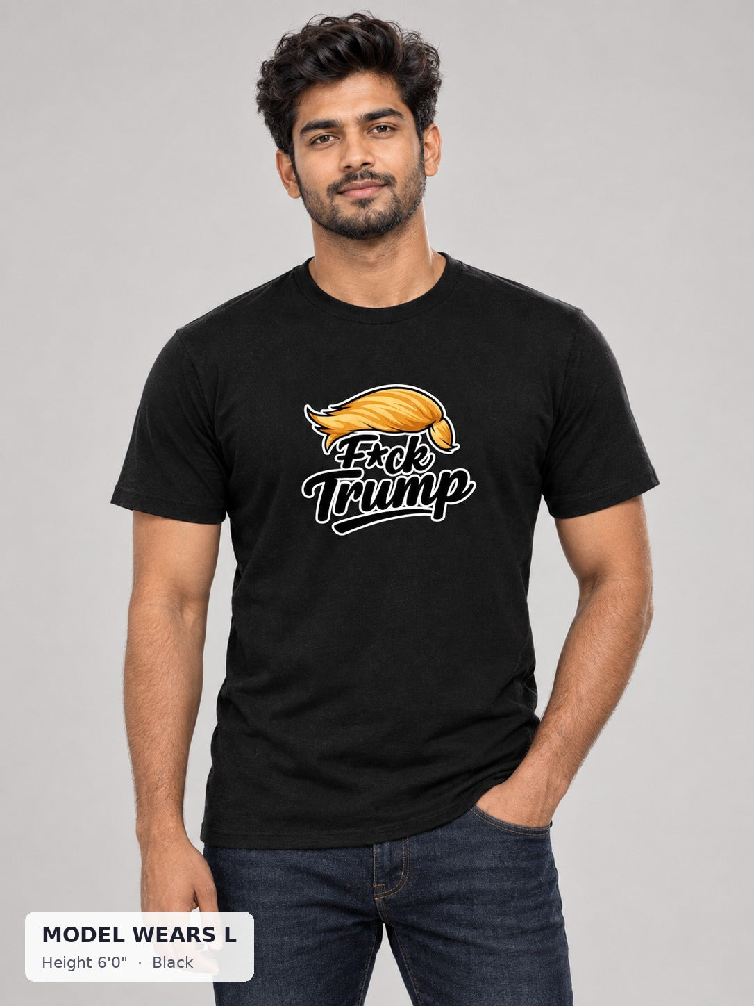 Fuck Trump Tee in Black on an athletic model wearing size L, 6'0" - Good Trouble Fashion