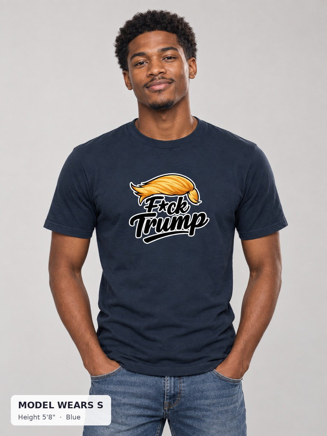 Fuck Trump Tee in Blue on a slim model wearing size S, 5'8" - Good Trouble Fashion