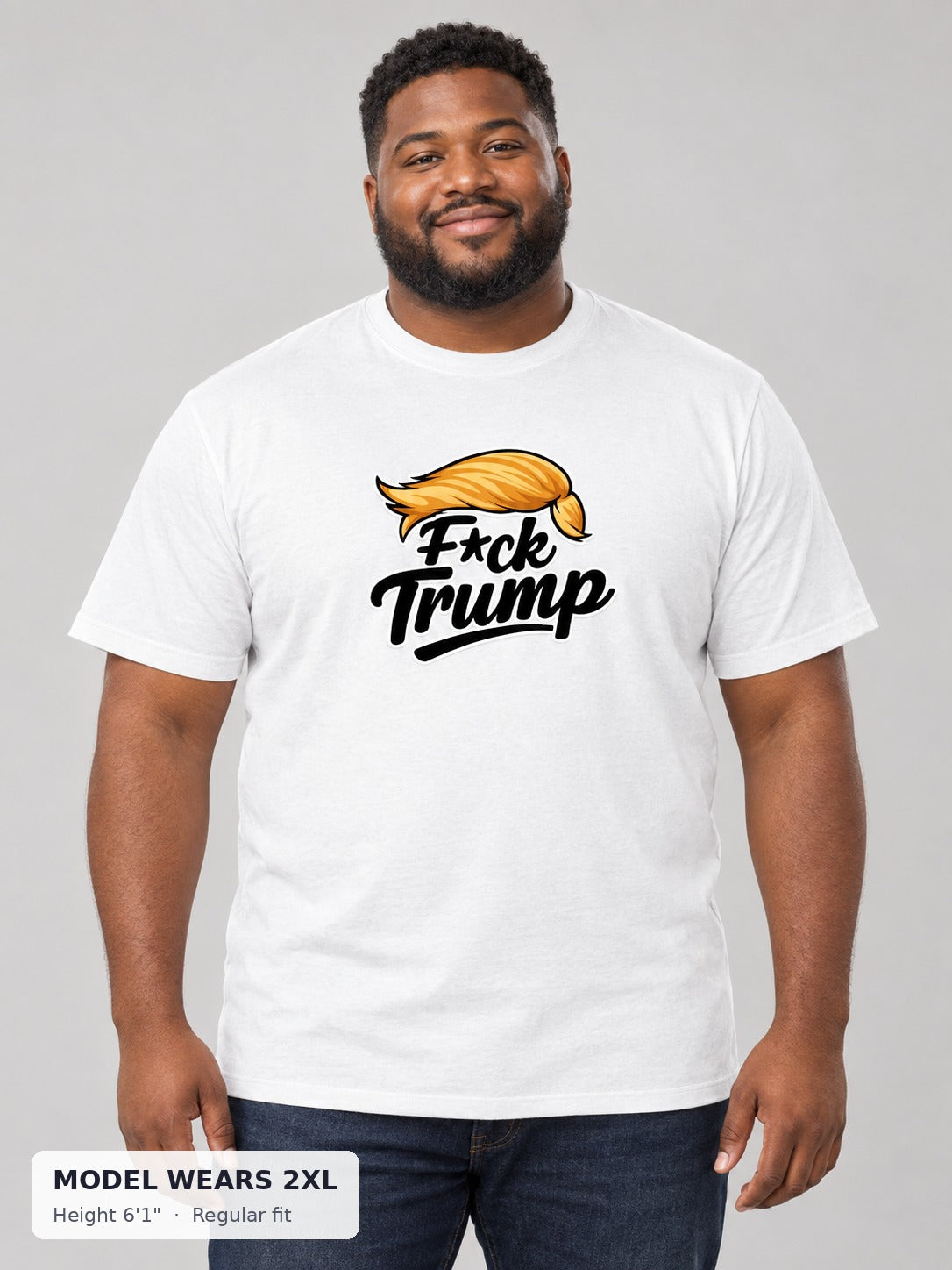 Fuck Trump Tee on a plus-size model wearing size 2XL, 6'1" - Good Trouble Fashion
