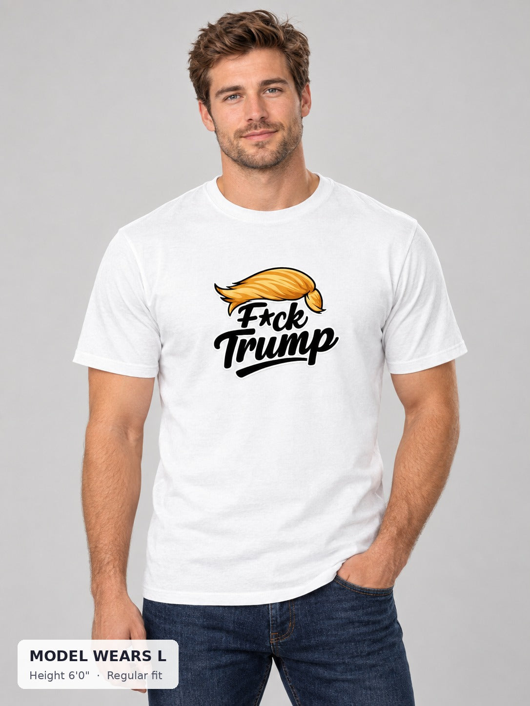 Fuck Trump Tee on an athletic model wearing size L, 6'0" - Good Trouble Fashion