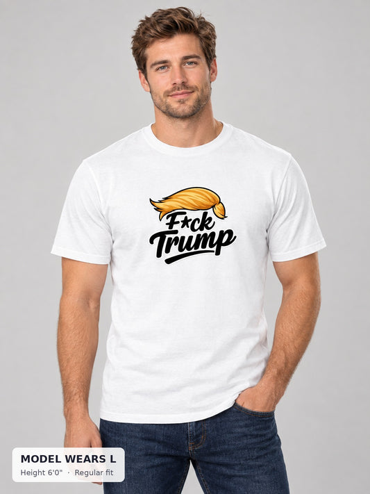Fuck Trump Tee on an athletic model wearing size L, 6'0" - Good Trouble Fashion