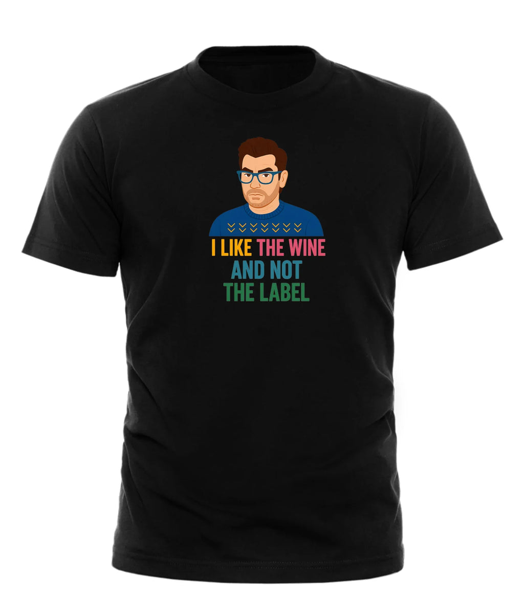 Funny anti-label t-shirt featuring a character saying I like the wine and not the label