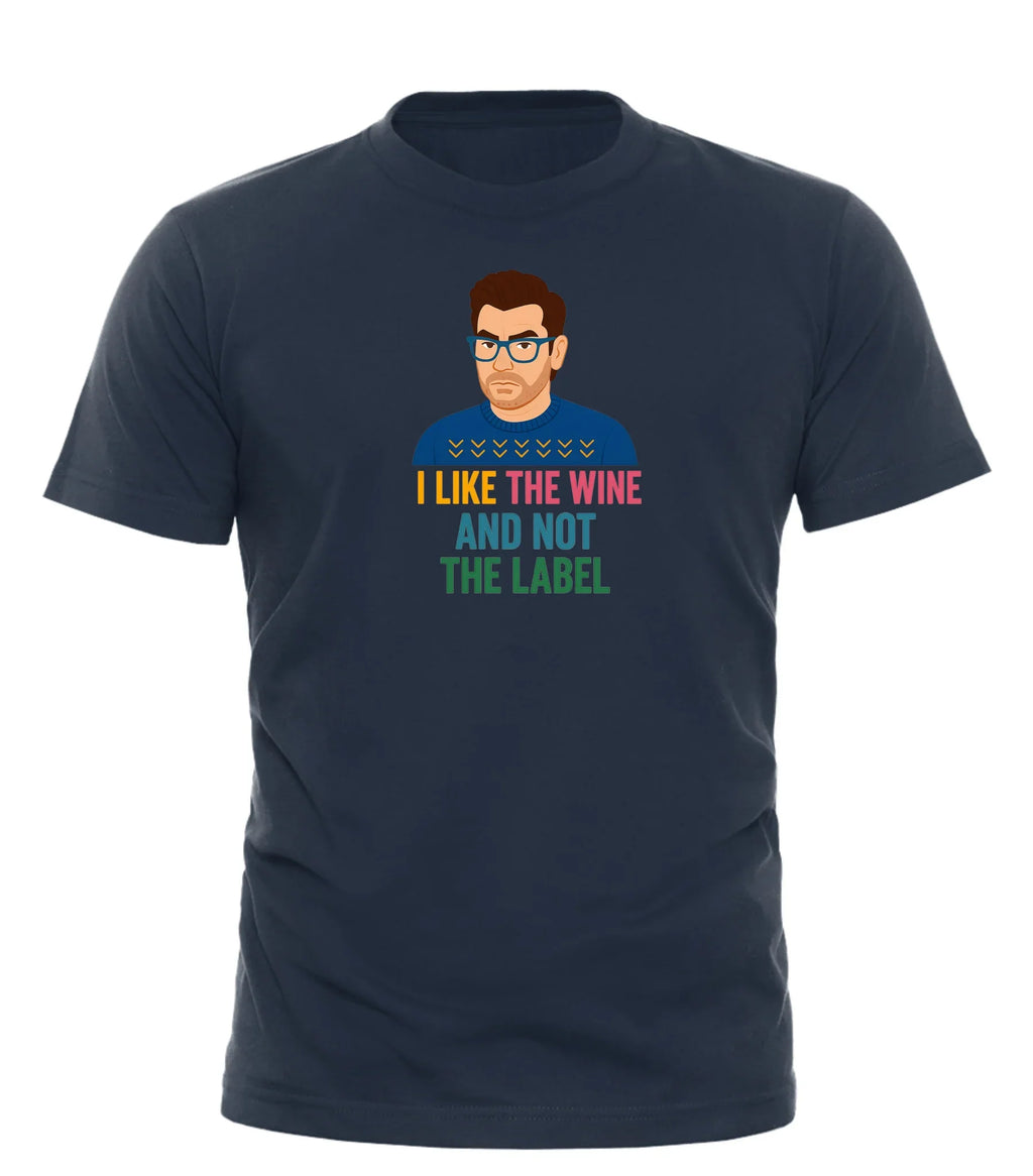 Funny anti-label t-shirt with graphic text I like the wine and not the label on navy fabric