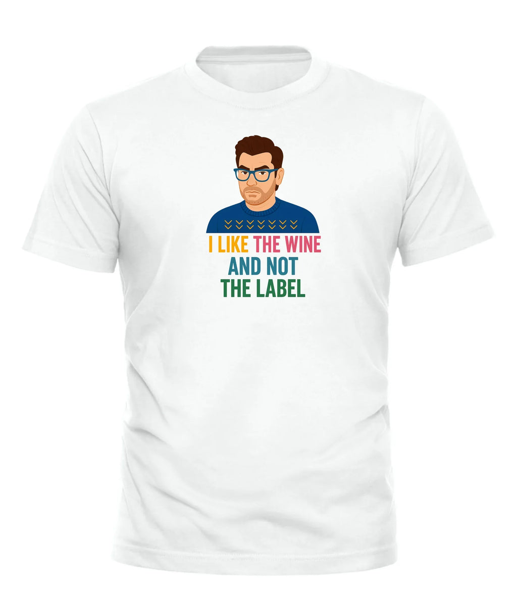 Funny anti-label t-shirt featuring a man saying I like the wine and not the label in colorful text