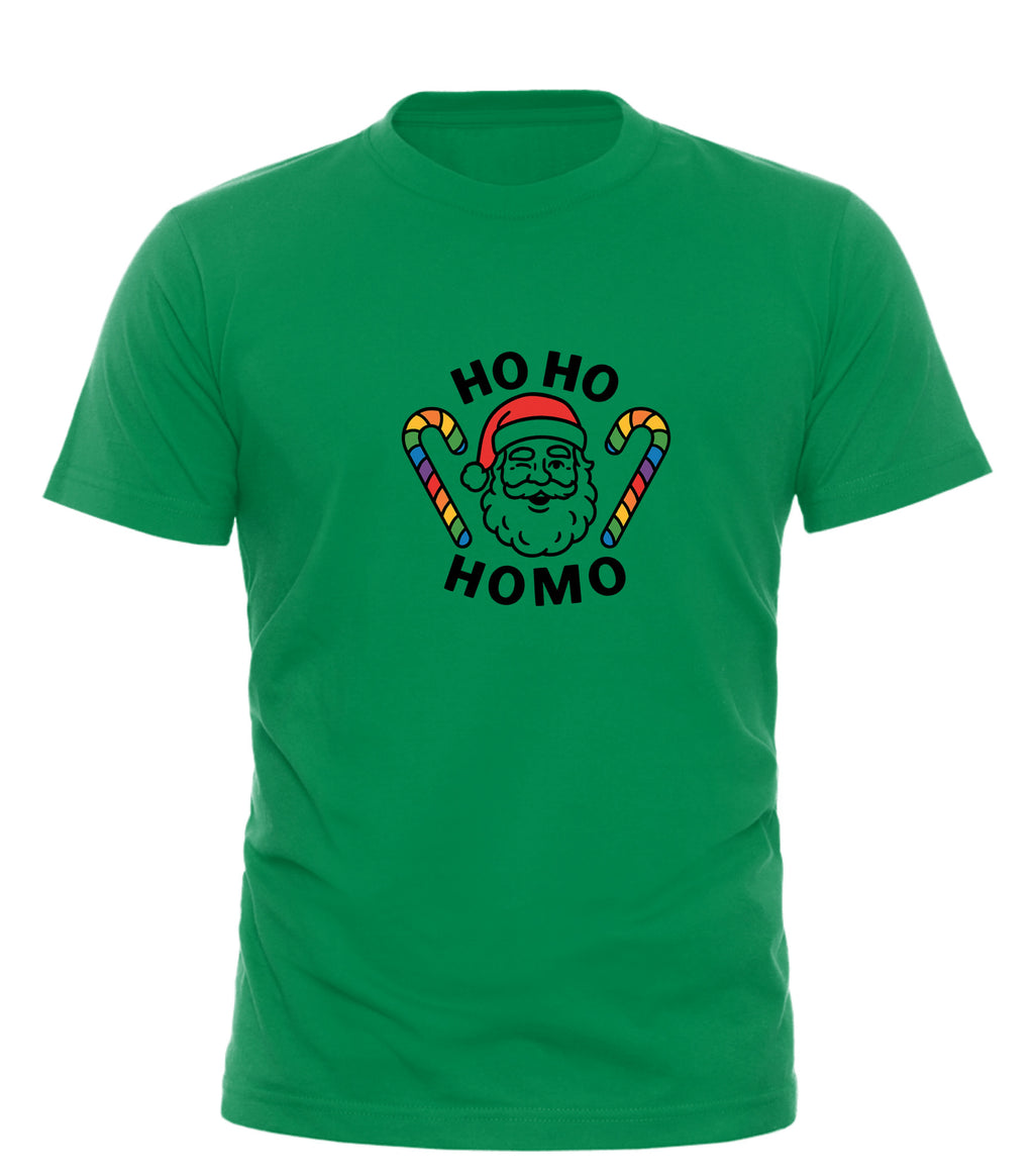 Green funny gay Christmas tee featuring Ho Ho Homo design with candy canes