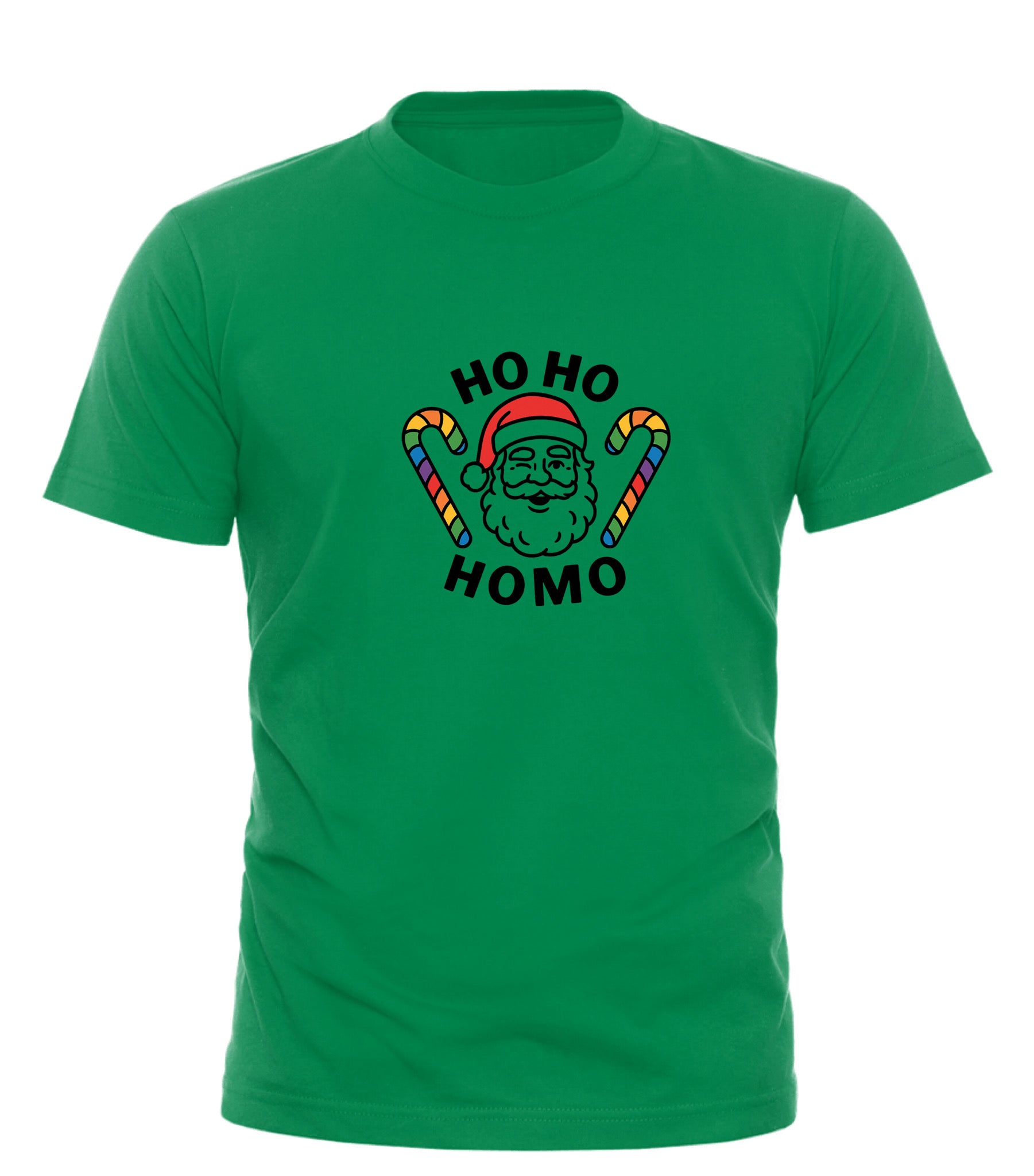Green funny gay Christmas tee featuring Ho Ho Homo design with candy canes