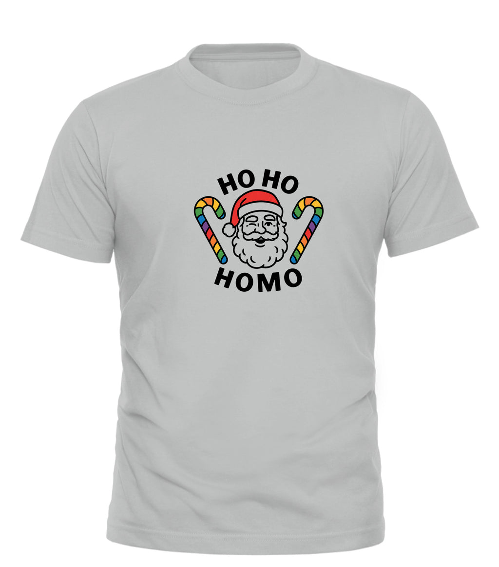 Funny gay Christmas tee featuring Santa with the phrase Ho Ho Homo and colorful candy canes