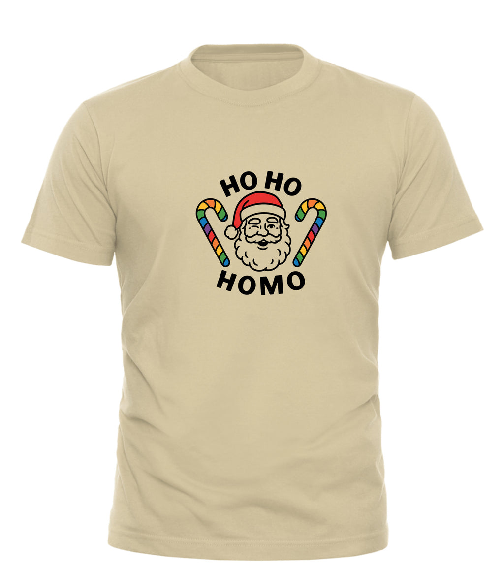 Funny gay Christmas tee featuring a Santa graphic with colorful candy canes
