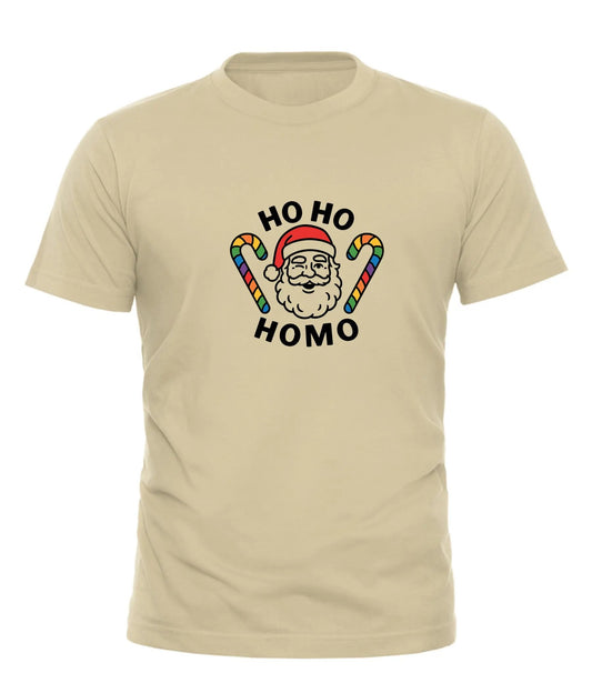 Funny gay Christmas tee featuring a Santa graphic with colorful candy canes
