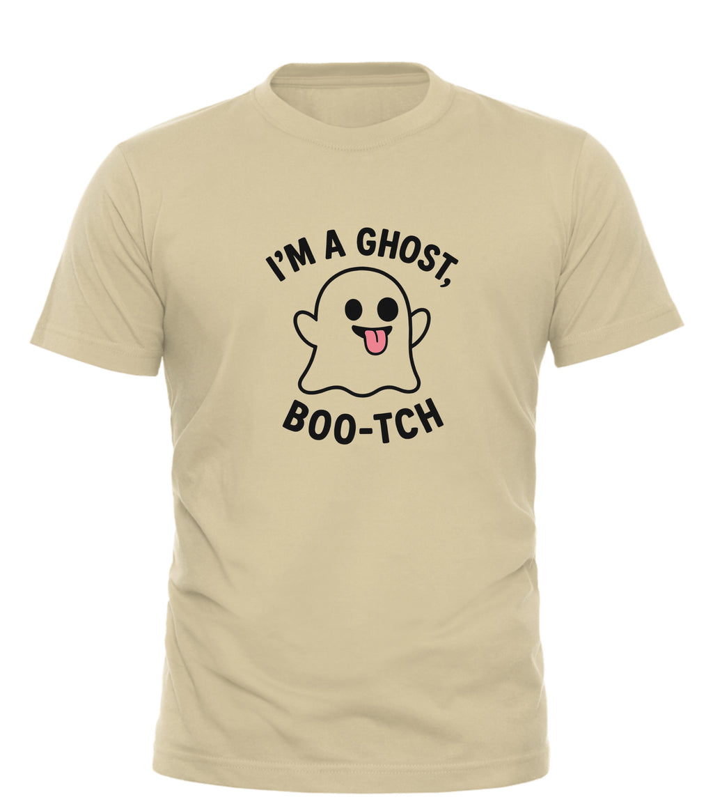 Good Trouble Garments funny ghost t-shirt with playful ghost graphic and I’m a ghost Boo-tch text on beige