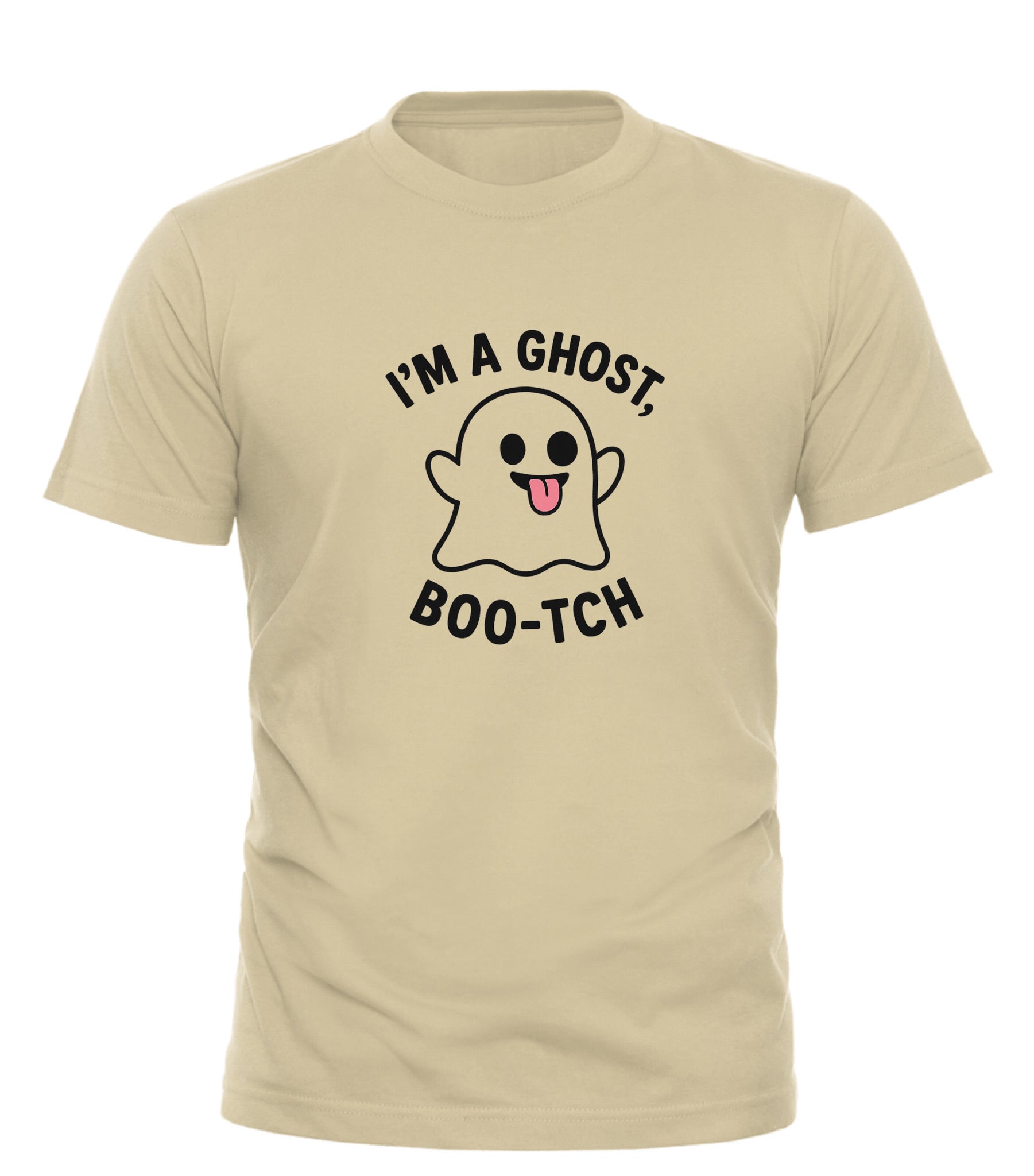 Good Trouble Garments funny ghost t-shirt with playful ghost graphic and I’m a ghost Boo-tch text on beige