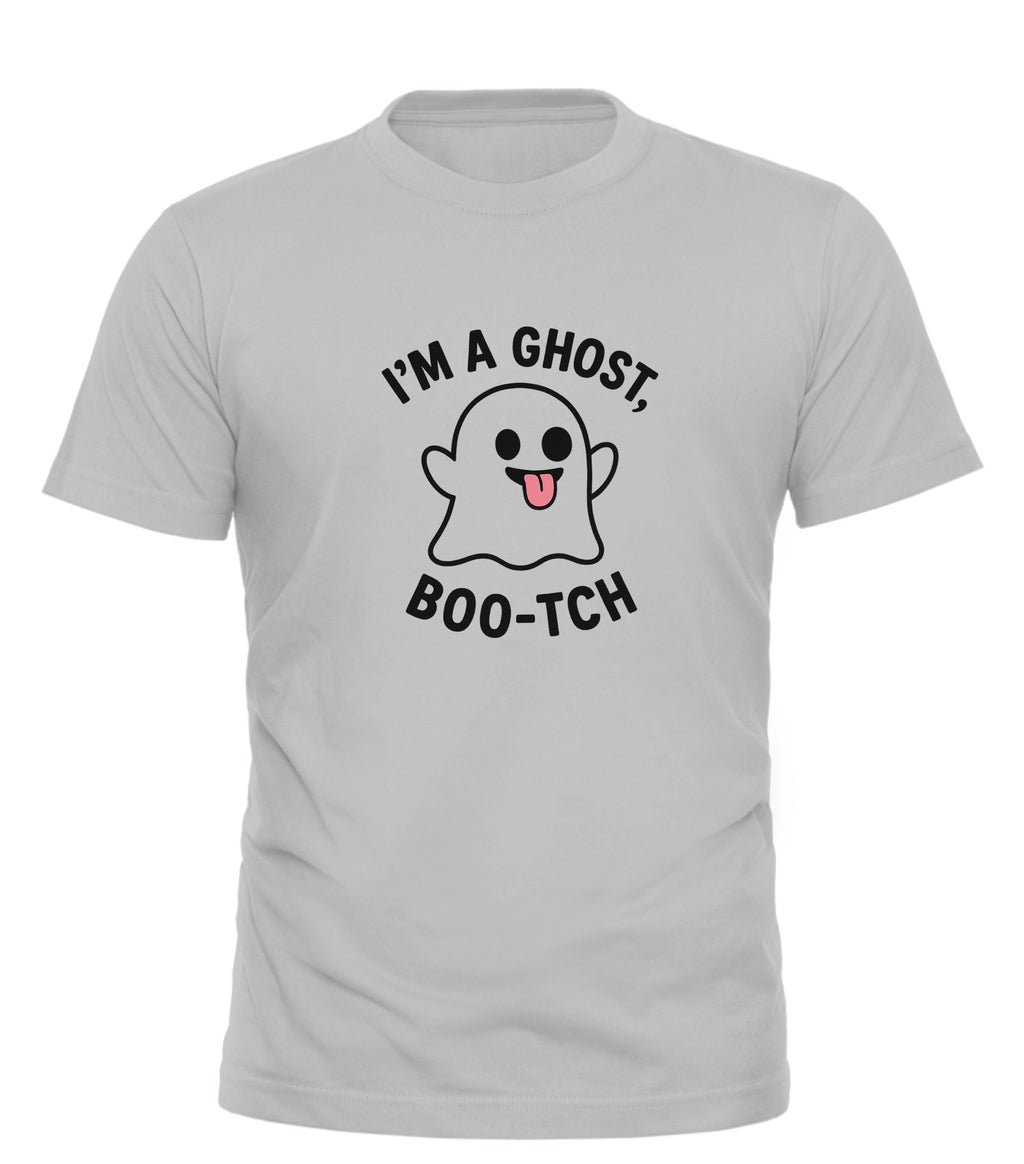 Good Trouble Garments funny ghost t-shirt with playful ghost graphic and text on light gray fabric