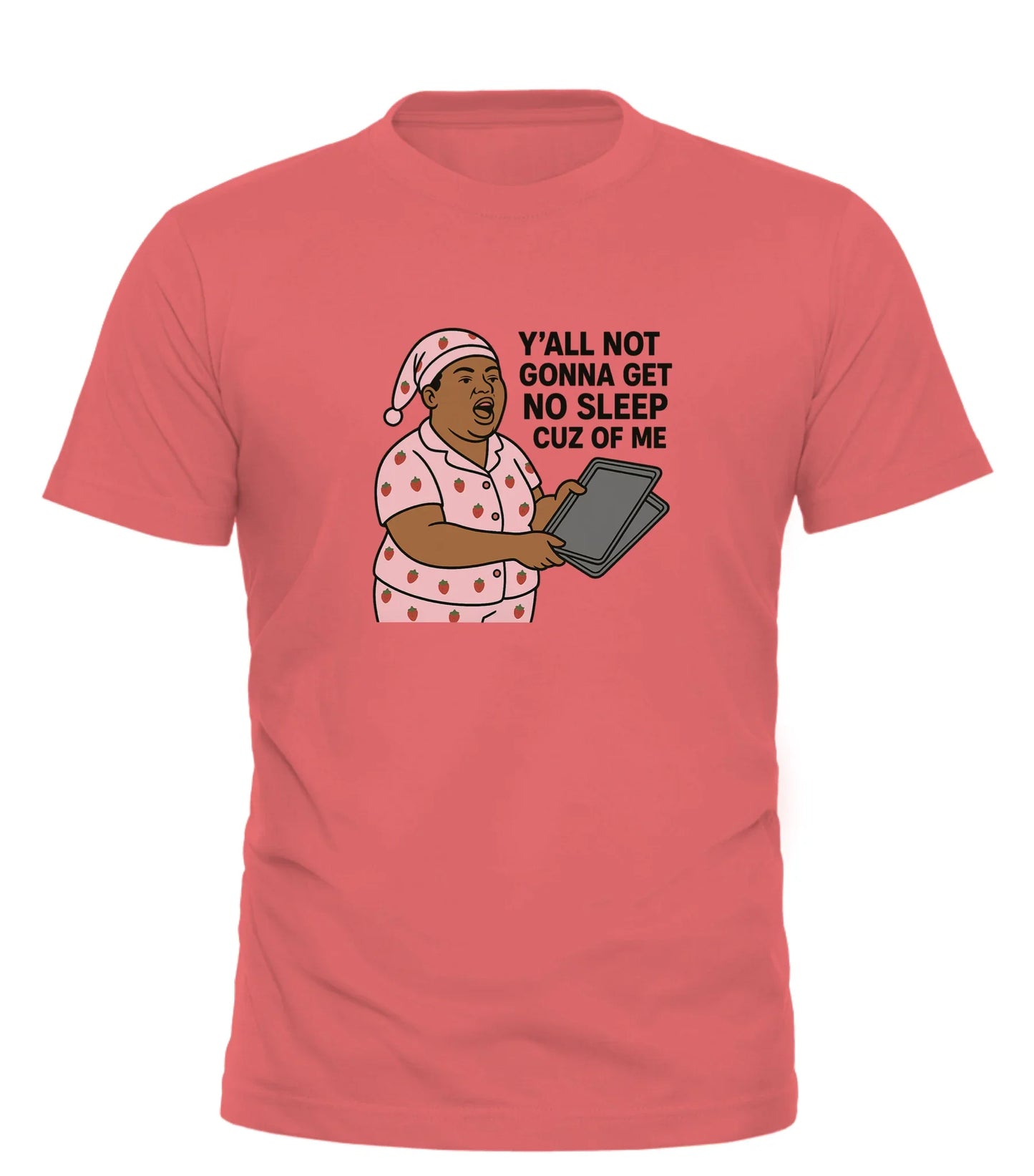 Good Trouble Garments coral t-shirt with humorous social justice apparel design of a person in pajamas holding a tablet