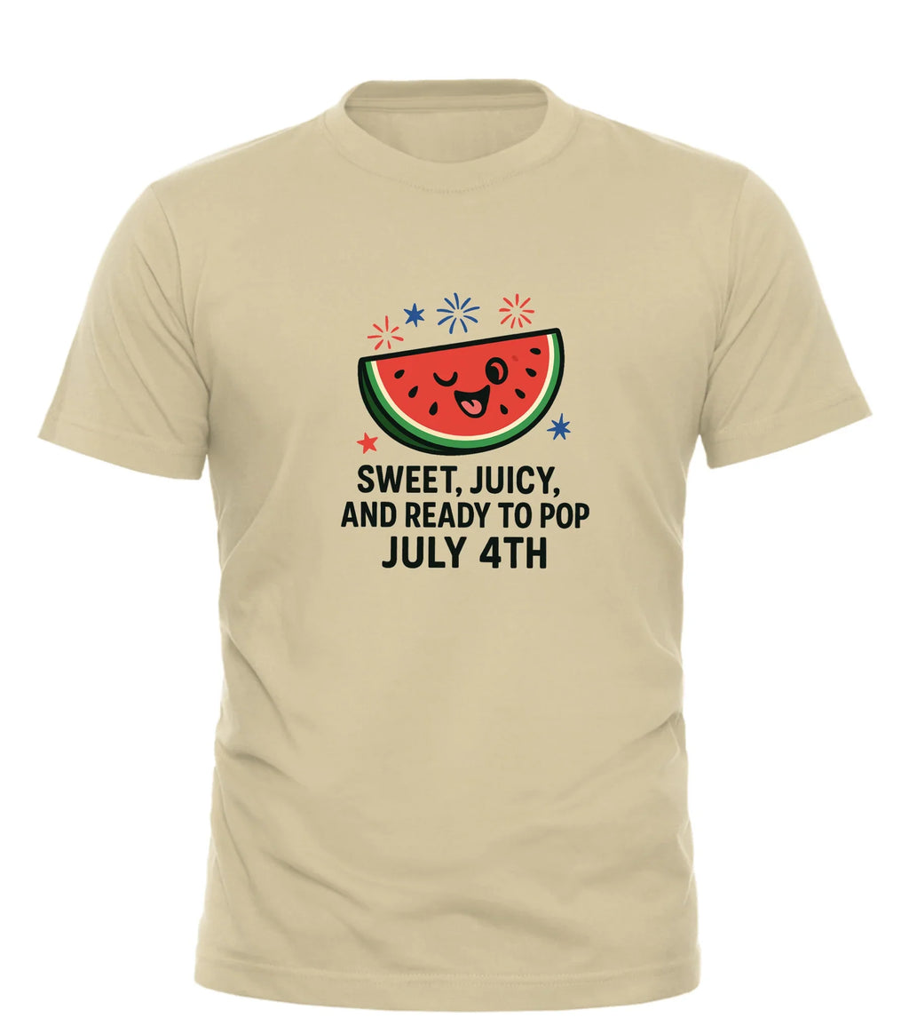 Beige funny Independence Day shirt with smiling watermelon and July 4th text by Good Trouble Garments