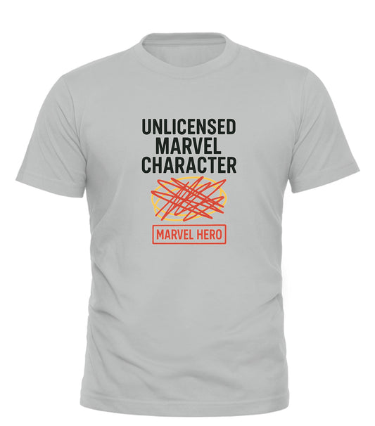 Good Trouble Garments funny Marvel graphic tee in light gray with Unlicensed Marvel Character text and crossed-out Marvel Hero design