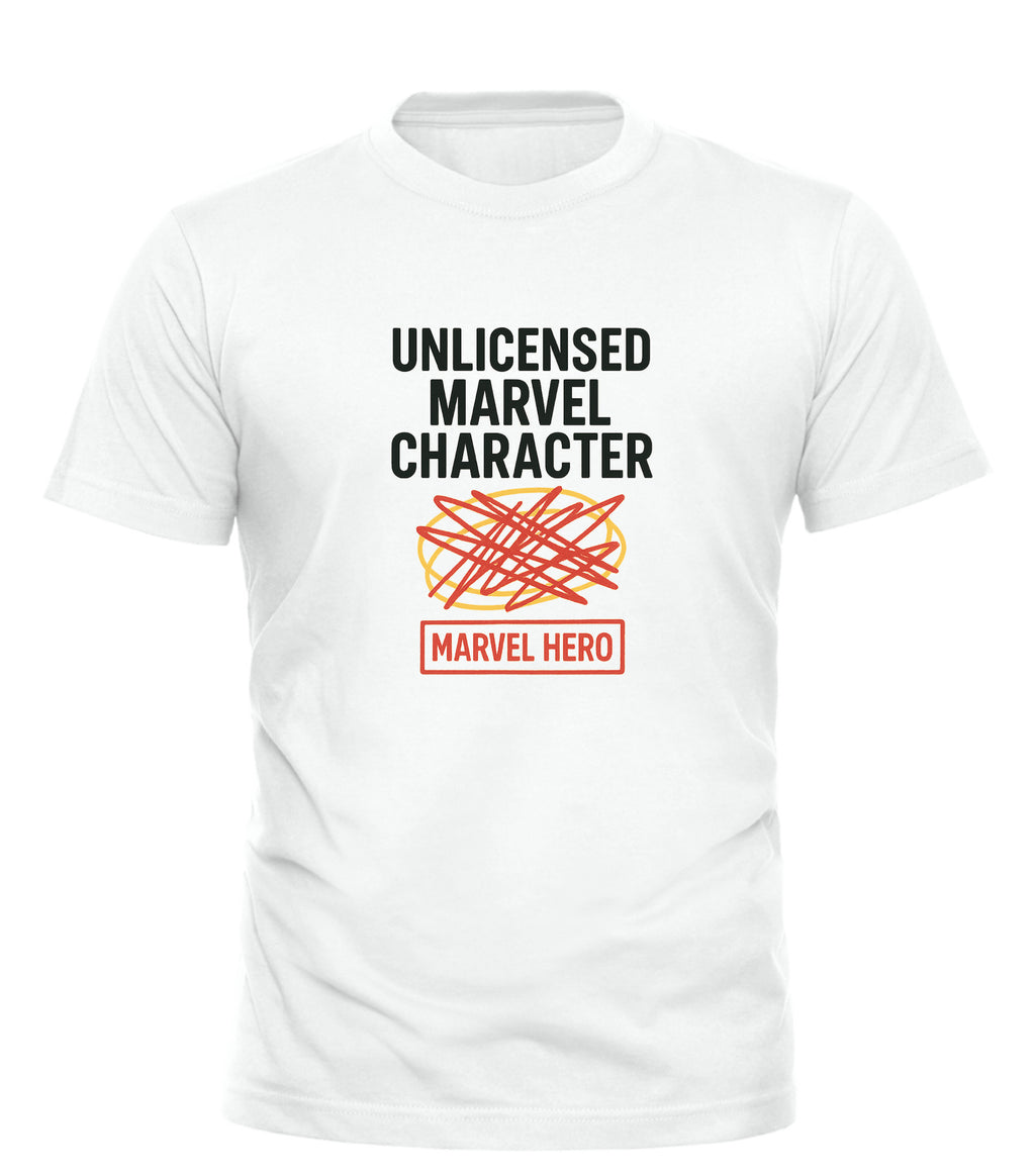 Good Trouble Garments white funny Marvel graphic tee with unlicensed Marvel character design