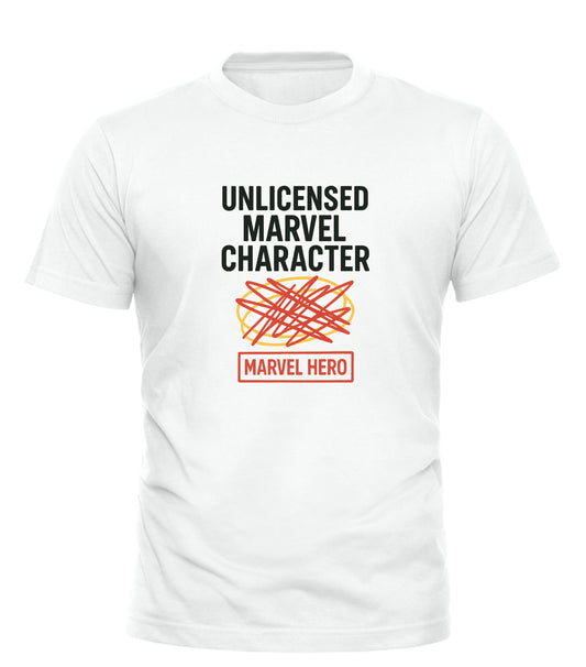 Good Trouble Garments white funny Marvel graphic tee with unlicensed Marvel character design