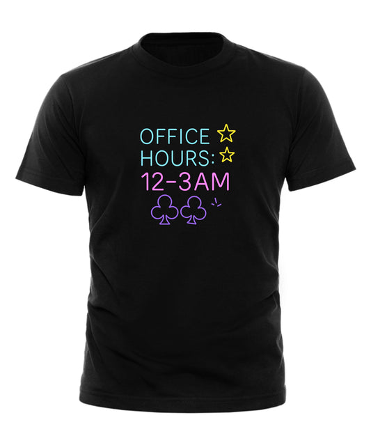 Good Trouble Garments black funny office hours t-shirt with neon text and club symbols