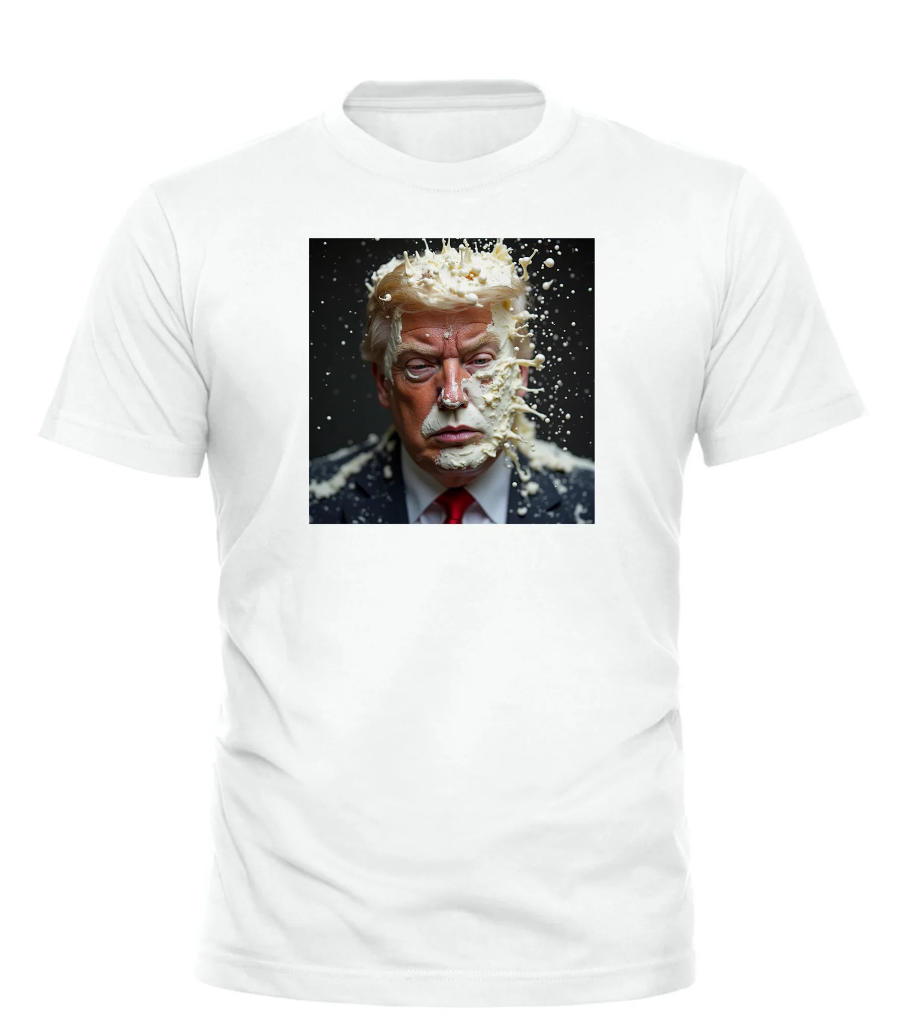 White Good Trouble Garments funny political protest shirt featuring a graphic of a man getting hit with a cream pie