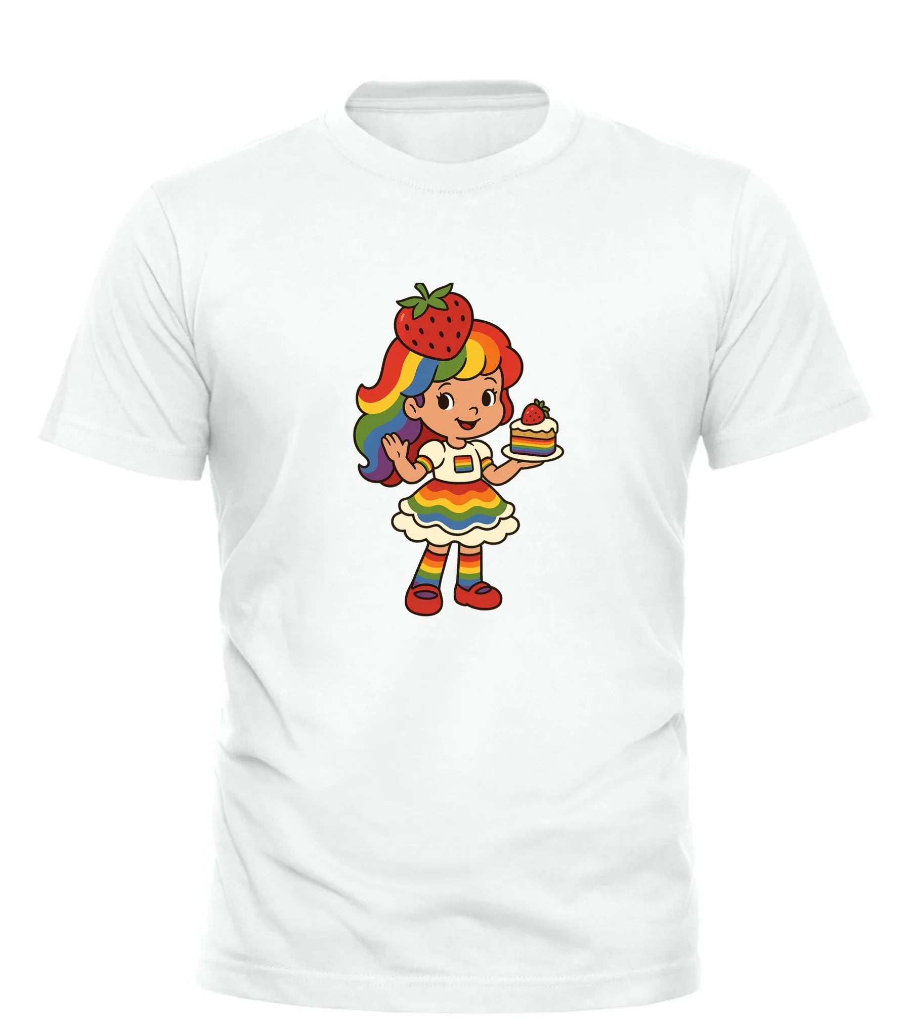 White Good Trouble Garments T-shirt featuring funny Strawberry Shortcake pride apparel design with rainbow colors
