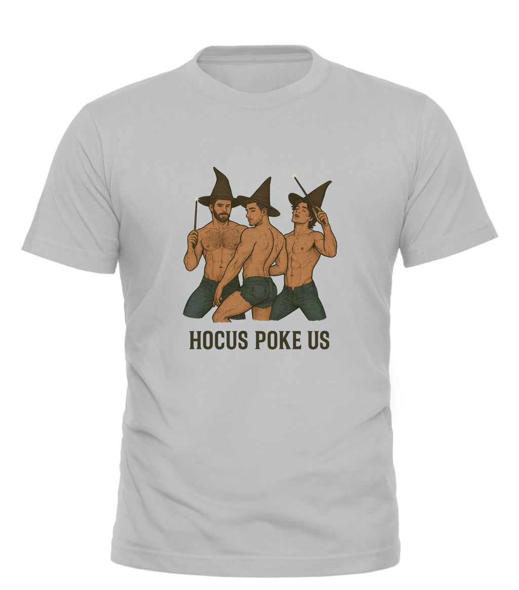 Hocus Poke Us novelty tee light gray shirt featuring three shirtless men in witch hats holding wands vintage illustration