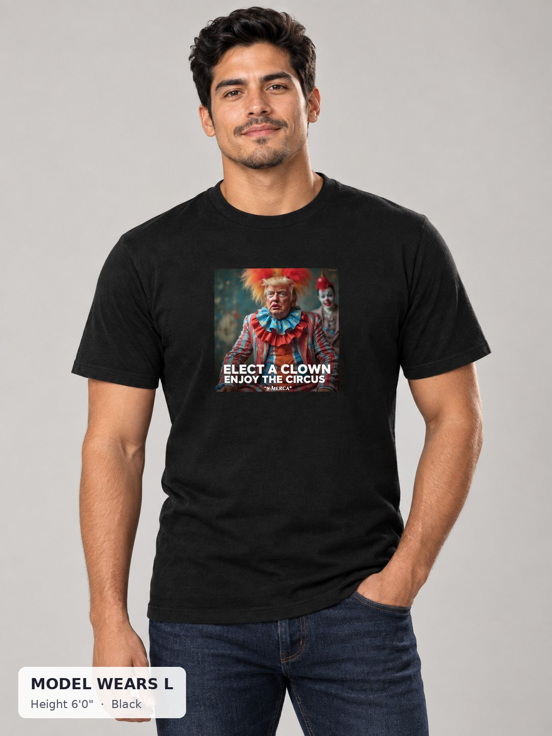 Trump Clown Tee in Black on an athletic model wearing size L, 6'0" - Good Trouble Fashion