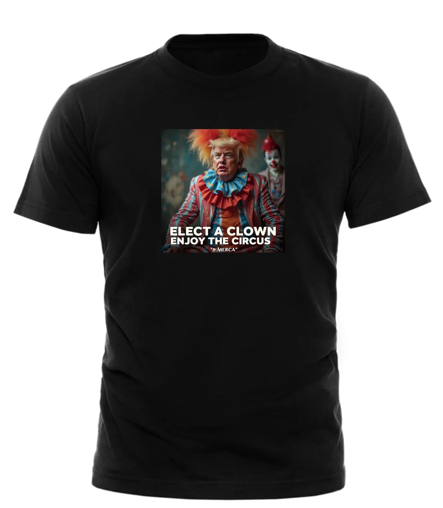 Good Trouble Garments black funny trump clown shirt with political clown graphic and circus text