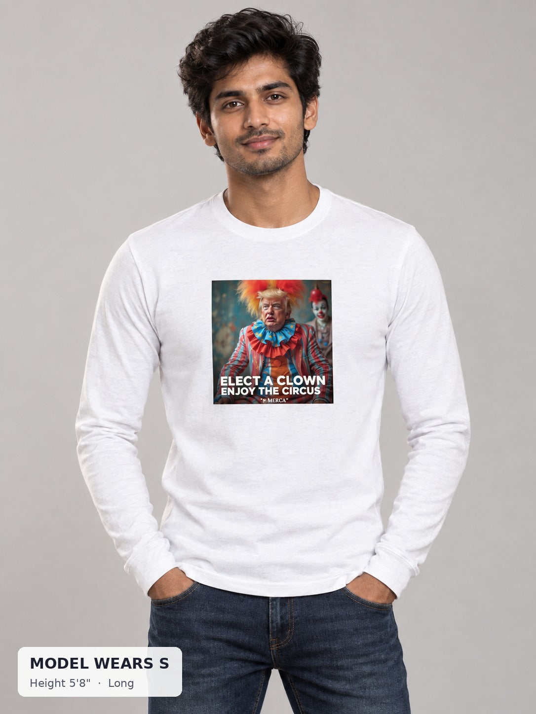 Trump Clown Tee on a slim model wearing size S, 5'8" - Good Trouble Fashion