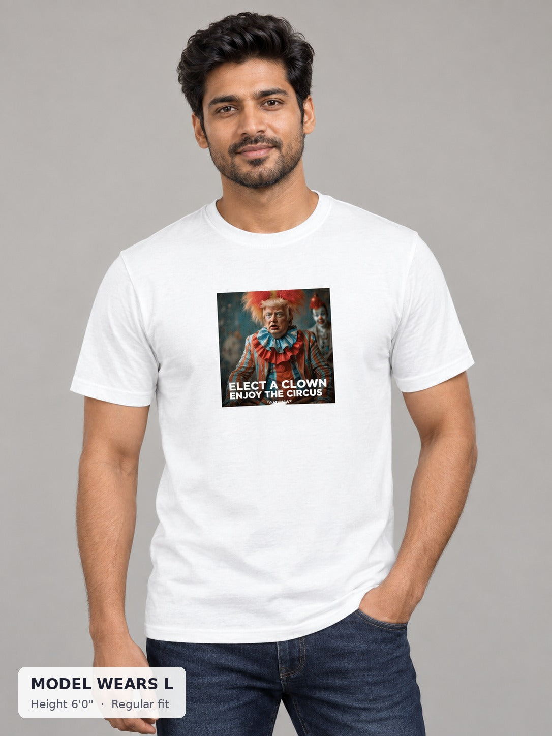 Trump Clown Tee on an athletic model wearing size L, 6'0" - Good Trouble Fashion