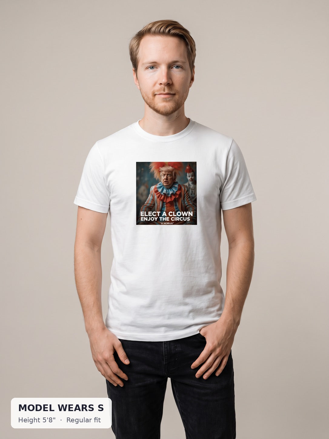 Trump Clown Tee on a slim model wearing size S, 5'8" - Good Trouble Fashion