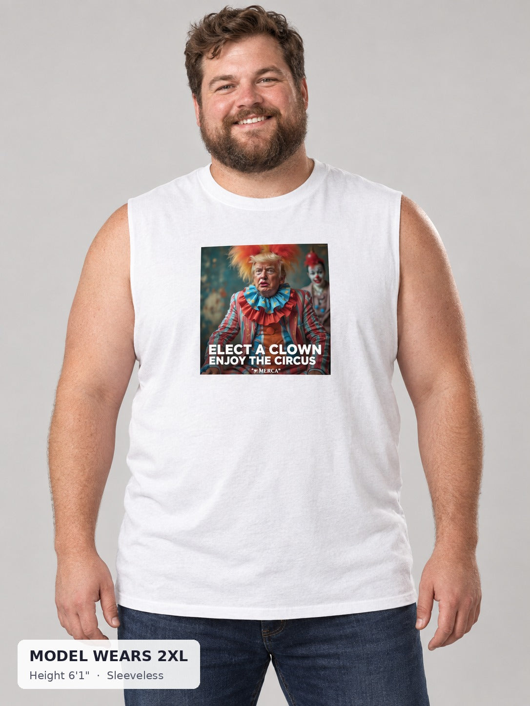 Trump Clown Tee on a plus-size model wearing size 2XL, 6'1" - Good Trouble Fashion