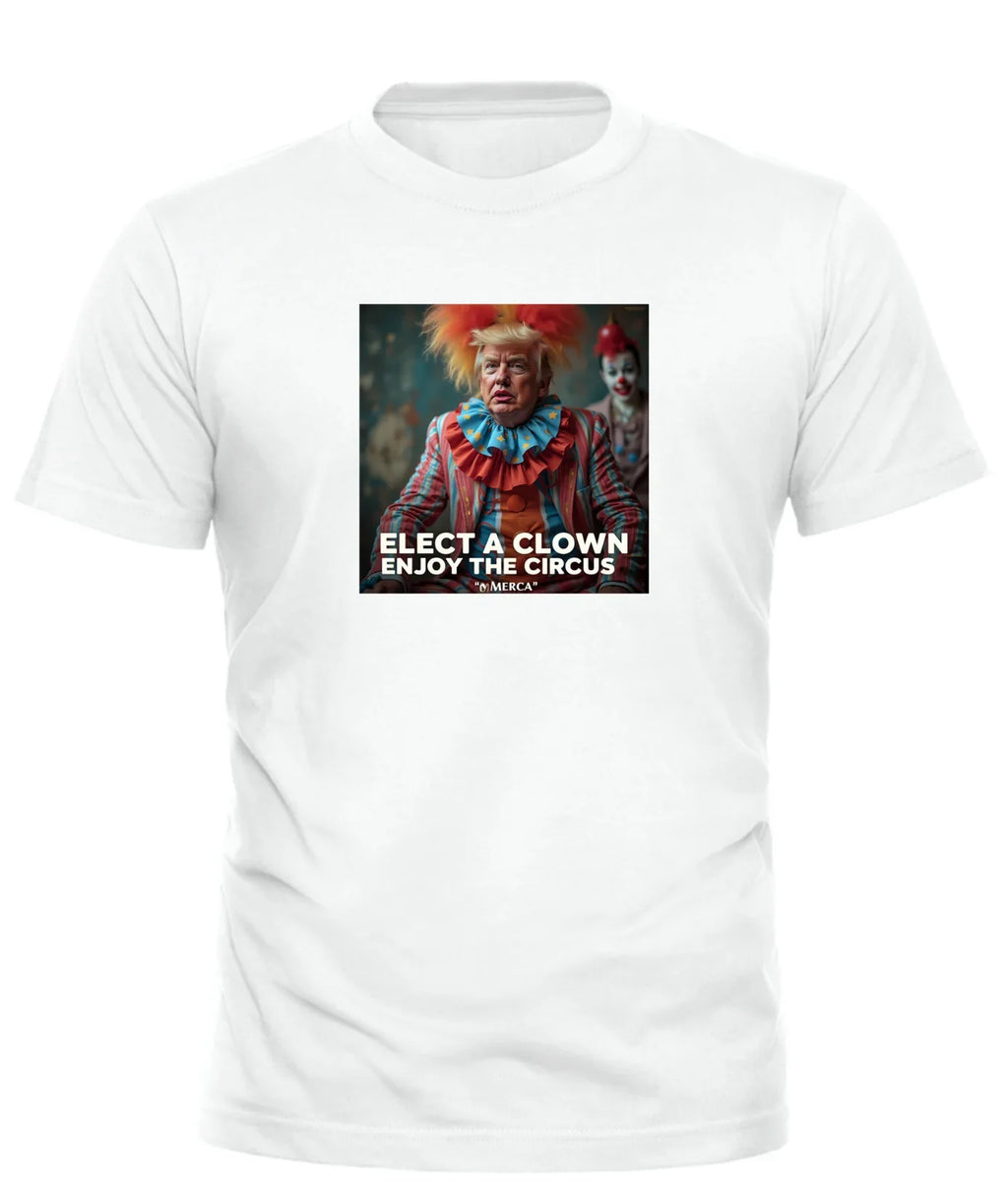 Good Trouble Garments funny trump clown shirt with political clown graphic in colorful costume