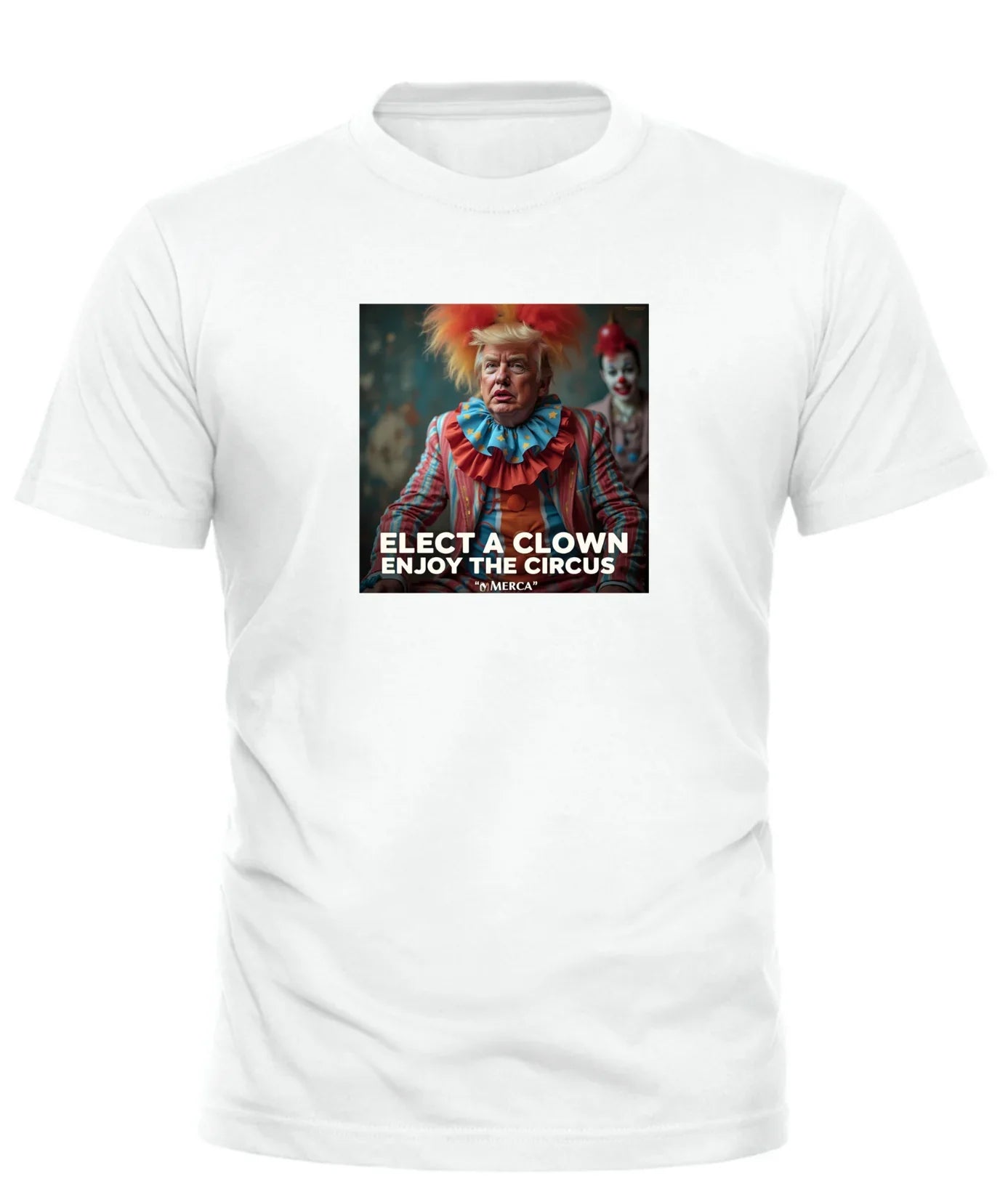 Good Trouble Garments funny trump clown shirt with political clown graphic in colorful costume